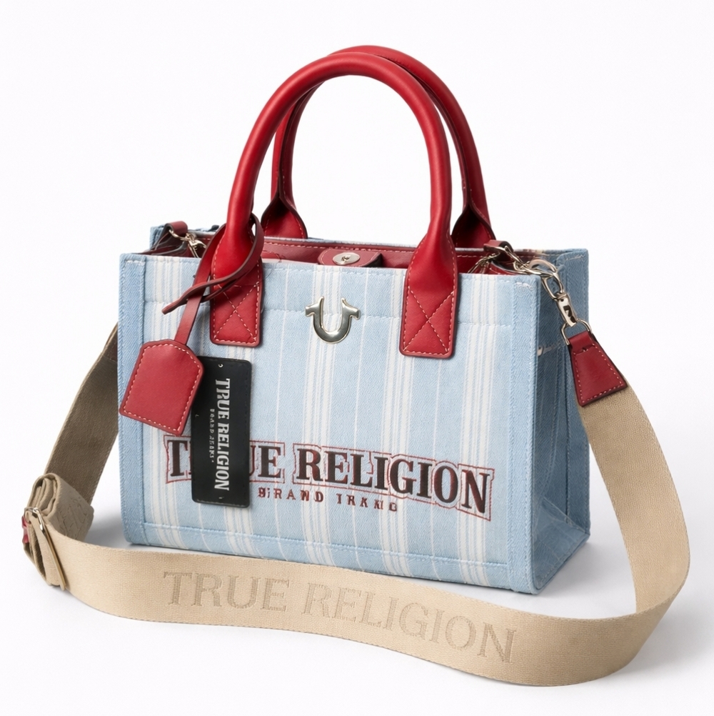 🆕️True Religion Denim Tote Bag NWT Red Leather Trim Crossbody Strap Logo Mini